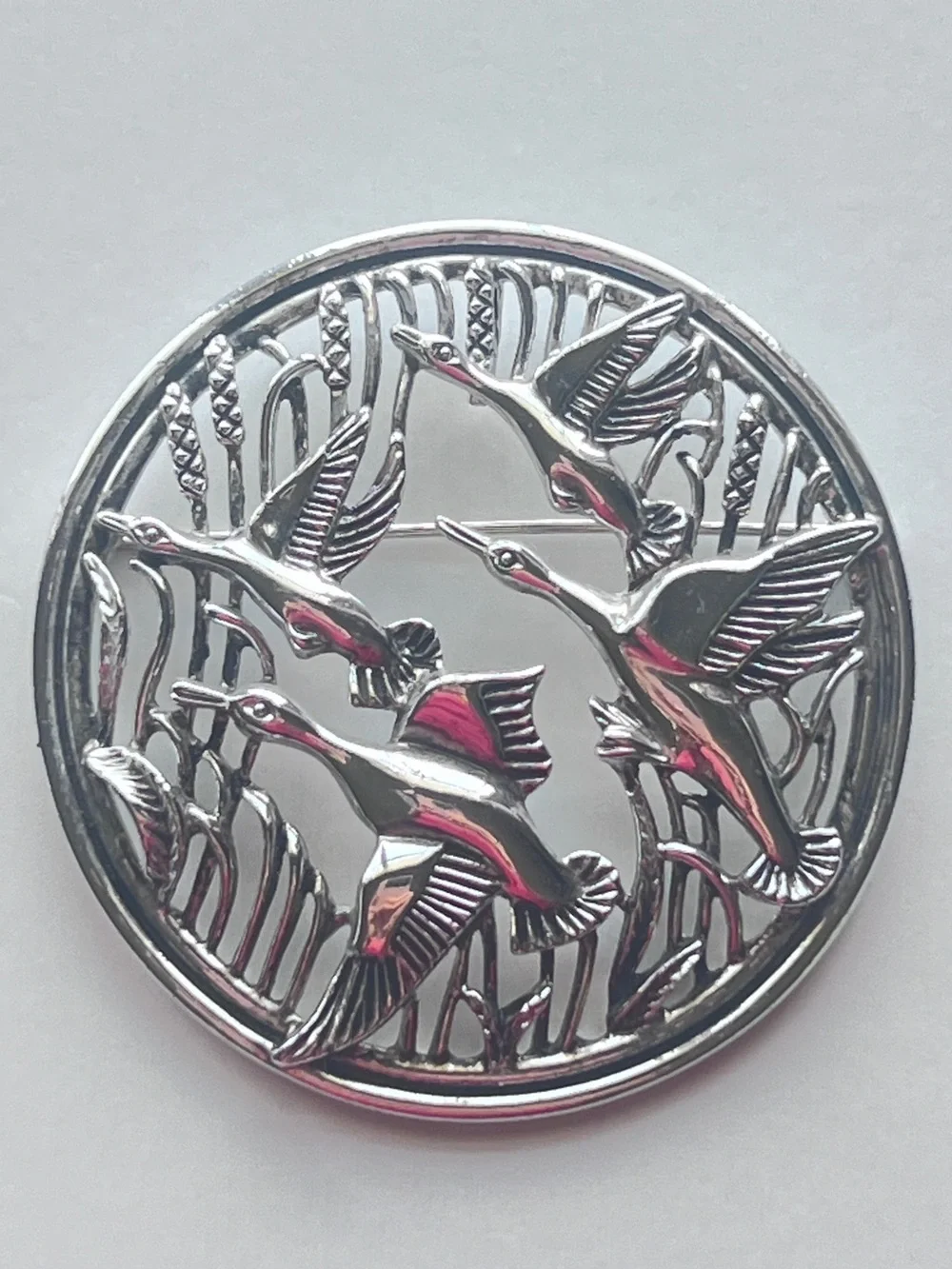 Vintage Sarah Coventry Brooch Signed Birds in Flight Flying Ducks Silver Tone